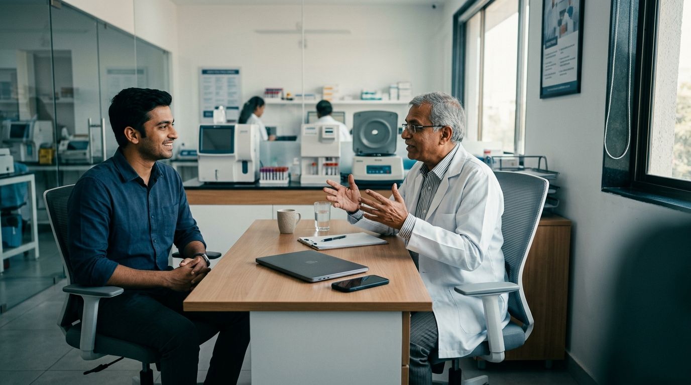 A founder meeting a diagnostic-lab owner across a desk in a modern lab