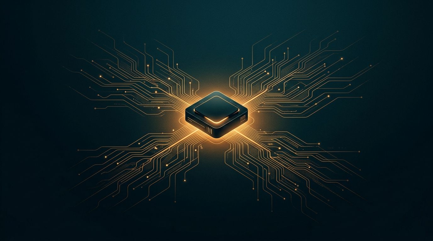 Abstract single compute node with connections radiating out — one machine running everything