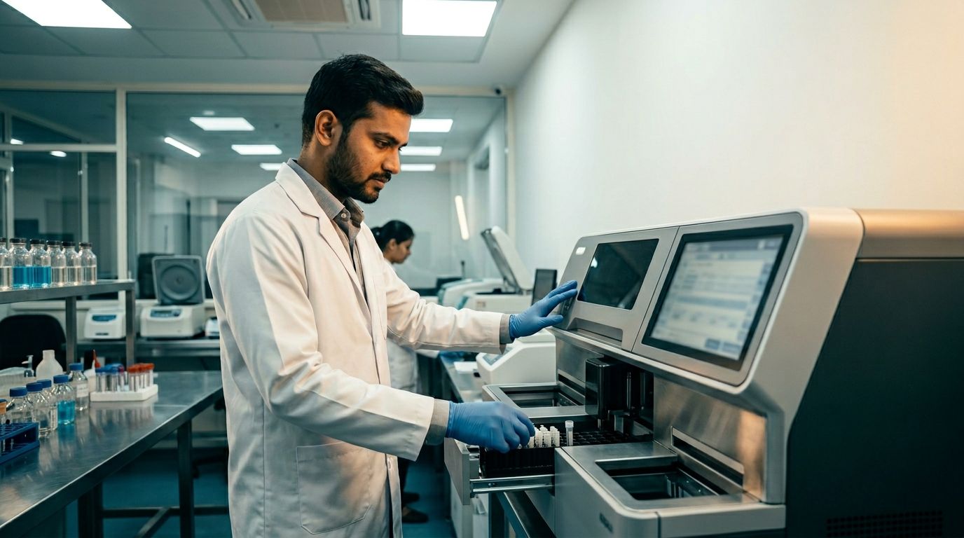 A technician operating an analyzer in a modern independent diagnostic lab