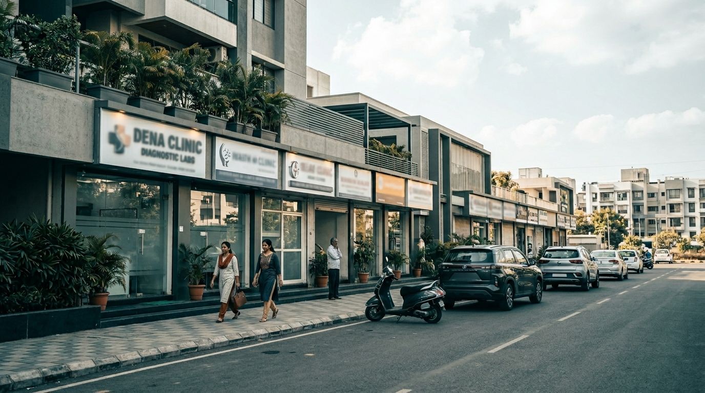 A modern Tier-2 Indian street lined with independent diagnostic labs and clinics