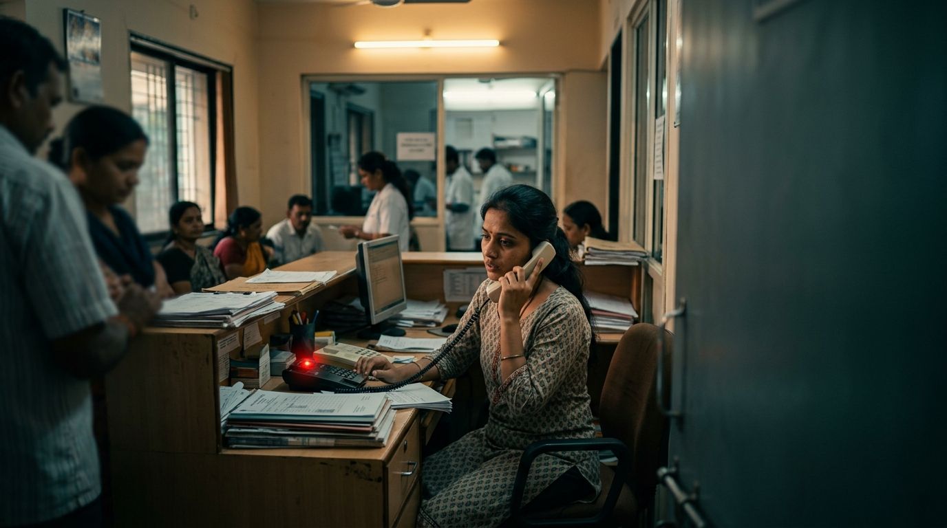 An overwhelmed diagnostic-lab receptionist on the phone while patients wait