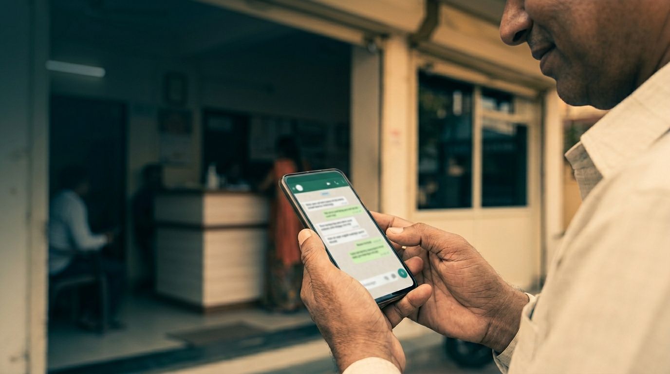 A patient messaging a diagnostic lab on WhatsApp from the street outside